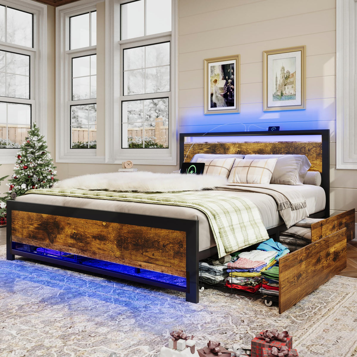 King Size Wood Bed Frame with 4 Storage Drawers K61839