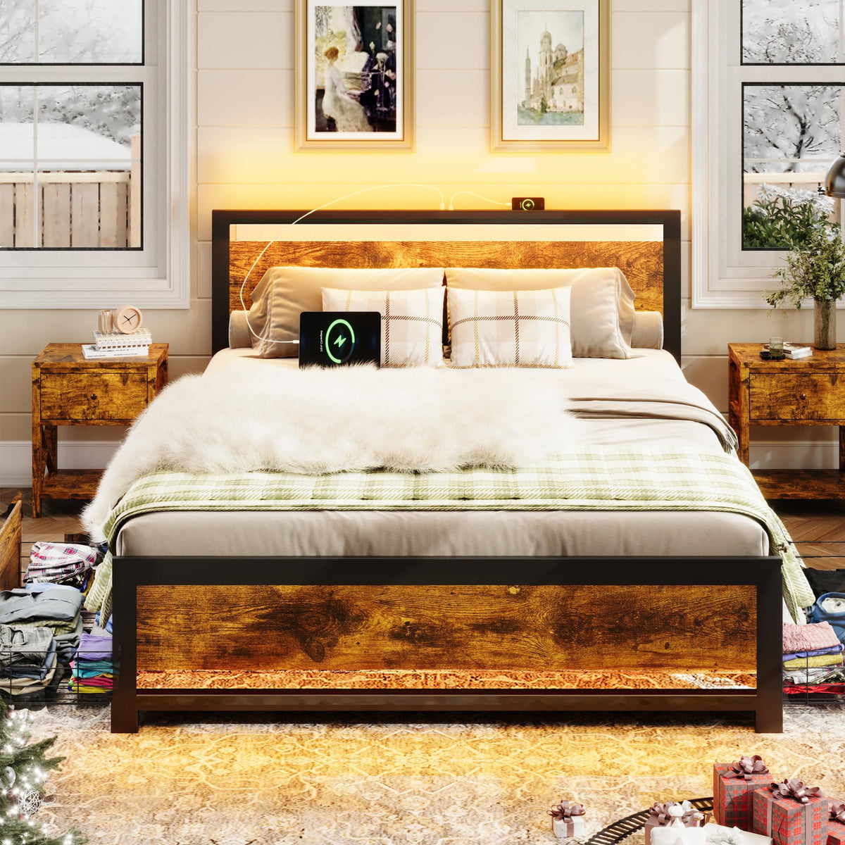 King Size Wood Bed Frame with 4 Storage Drawers K61839