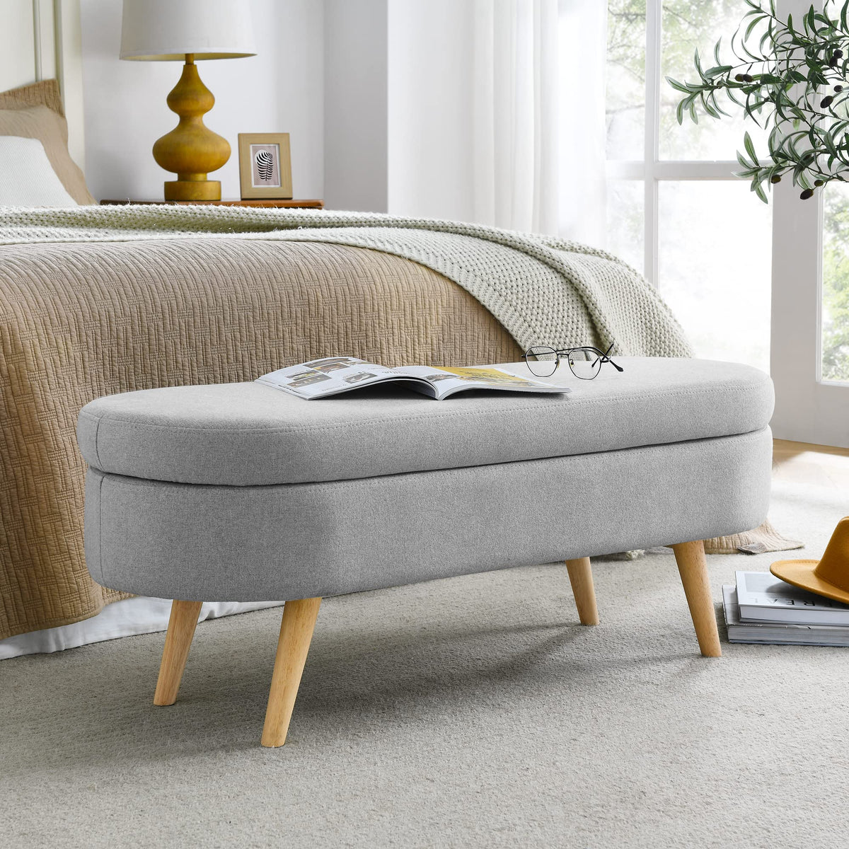 Oval Storage Bench with Linen Fabric and Rubber Wood Legs Grey Q76654
