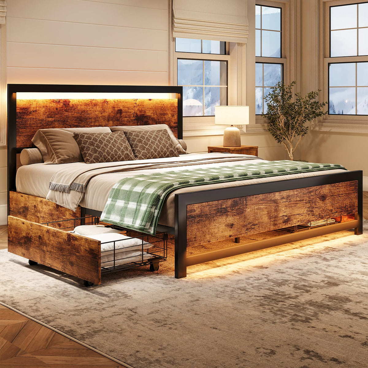 King Size Wood Bed Frame with 4 Storage Drawers K61839