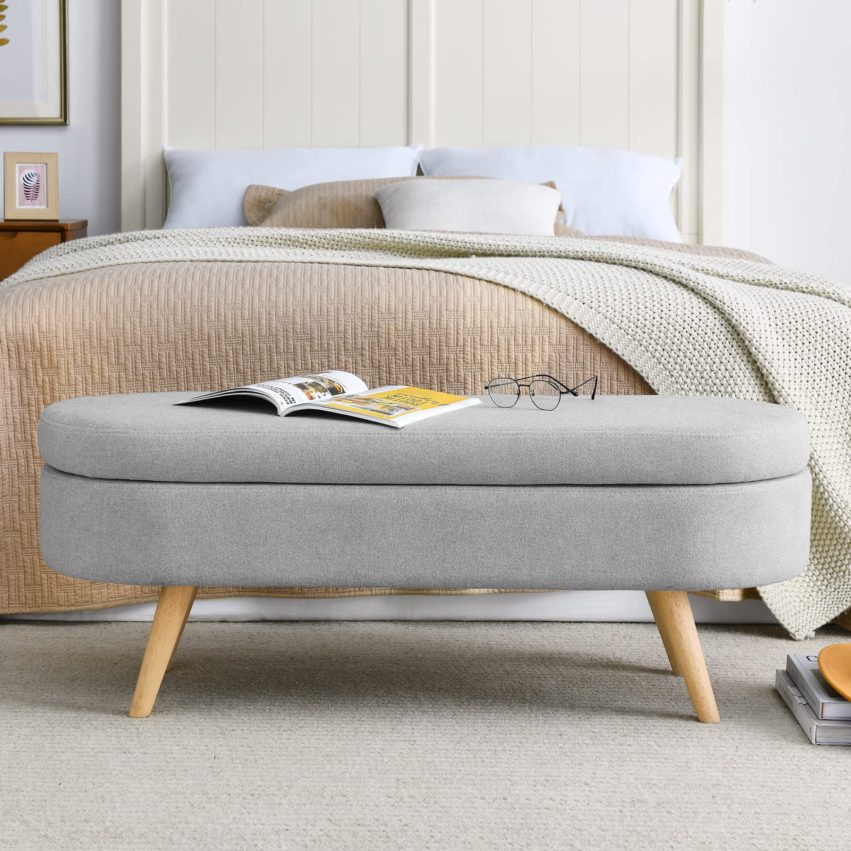 Oval Storage Bench with Linen Fabric and Rubber Wood Legs Grey Q76654