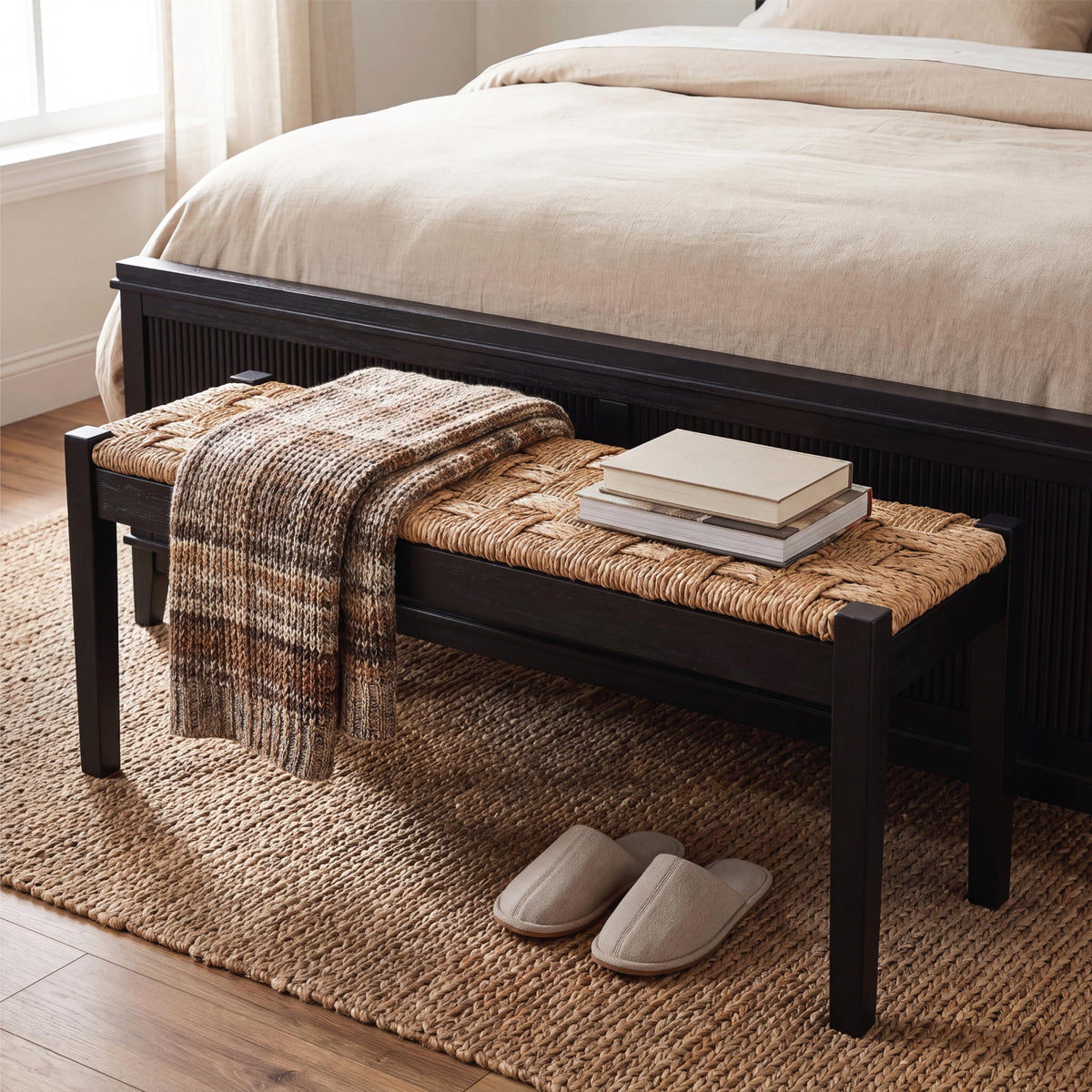 46-Inch Acacia Wood Entryway Bench with Woven Seagrass Seat V319710