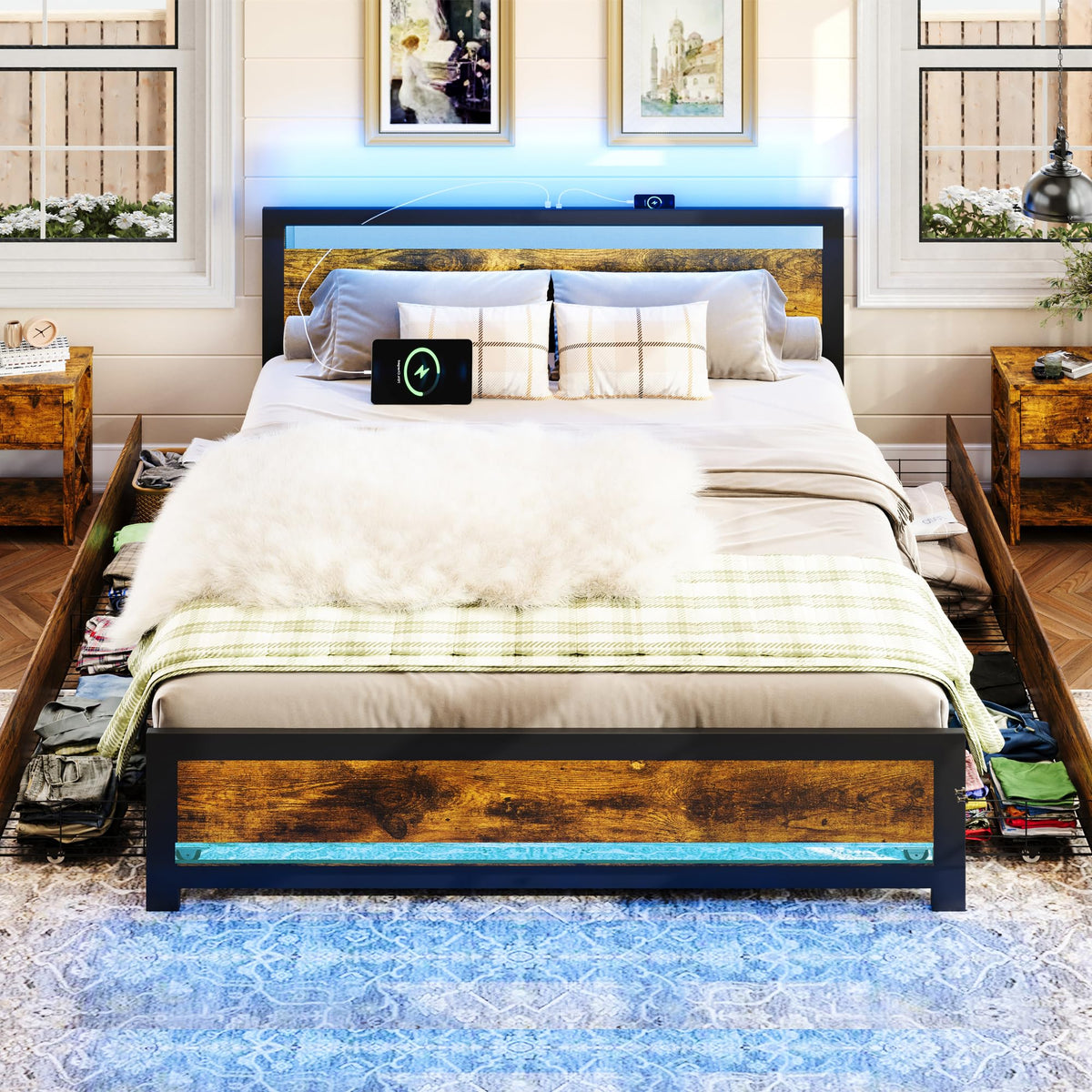 King Size Wood Bed Frame with 4 Storage Drawers K61839